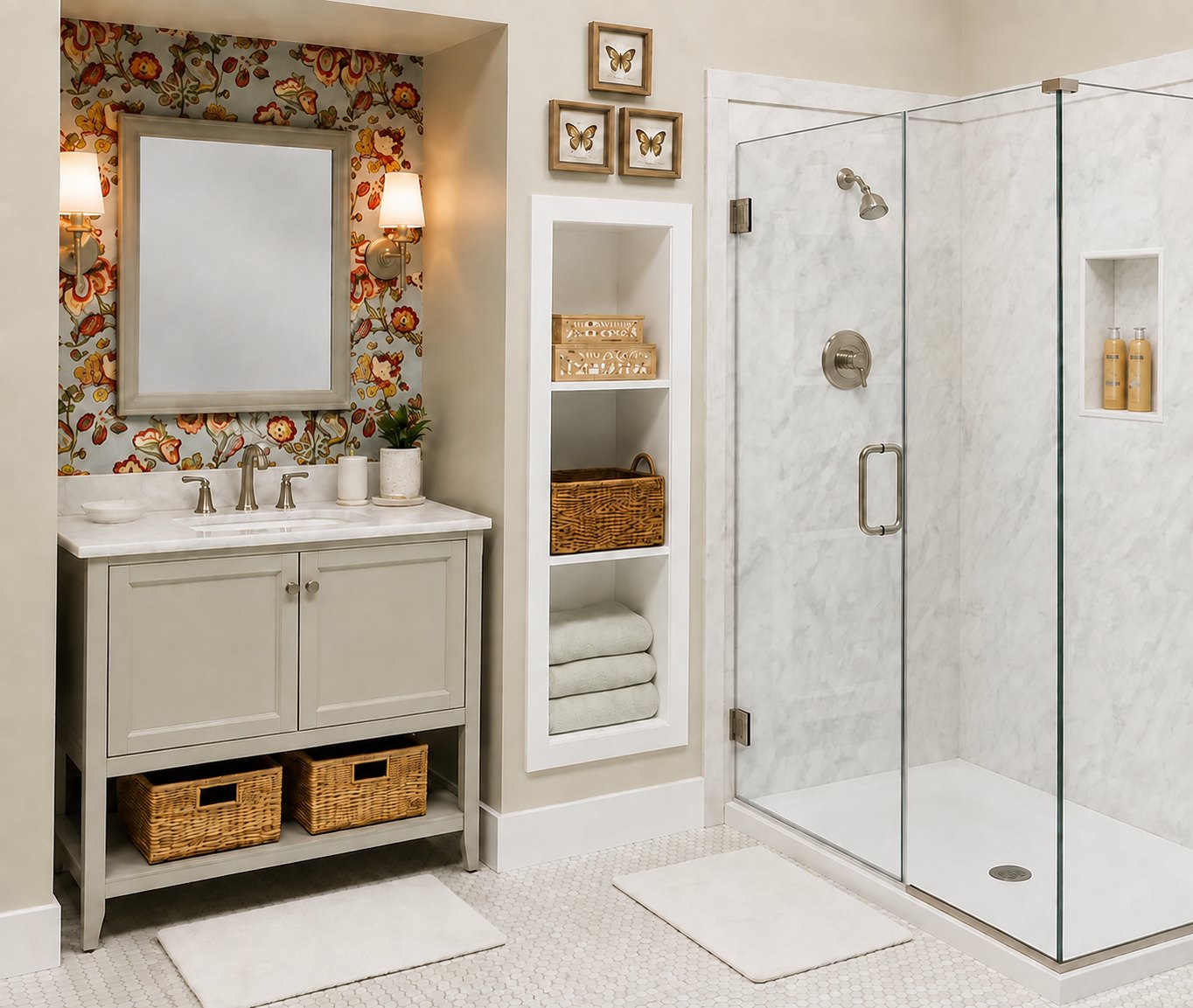 Marble shower with semi-frameless glass door beside a floral-papered vanity