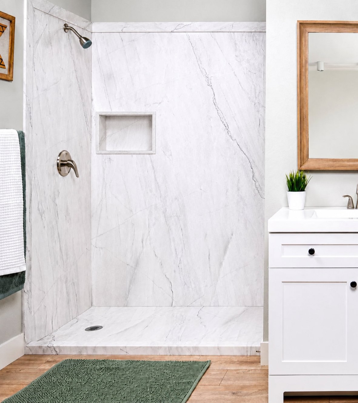 Bath Again marble shower with vanity