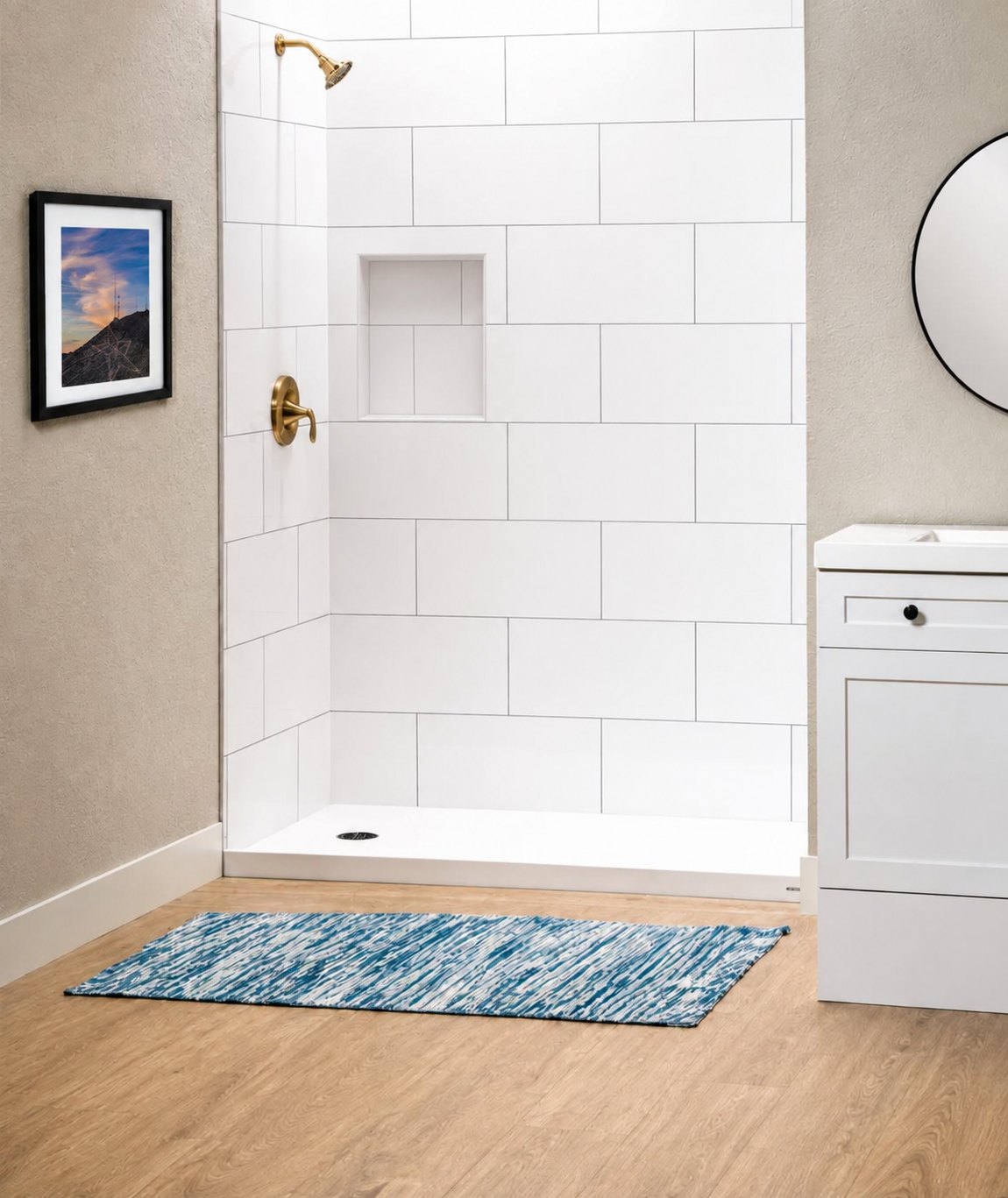 White SimTile shower with gold fixtures