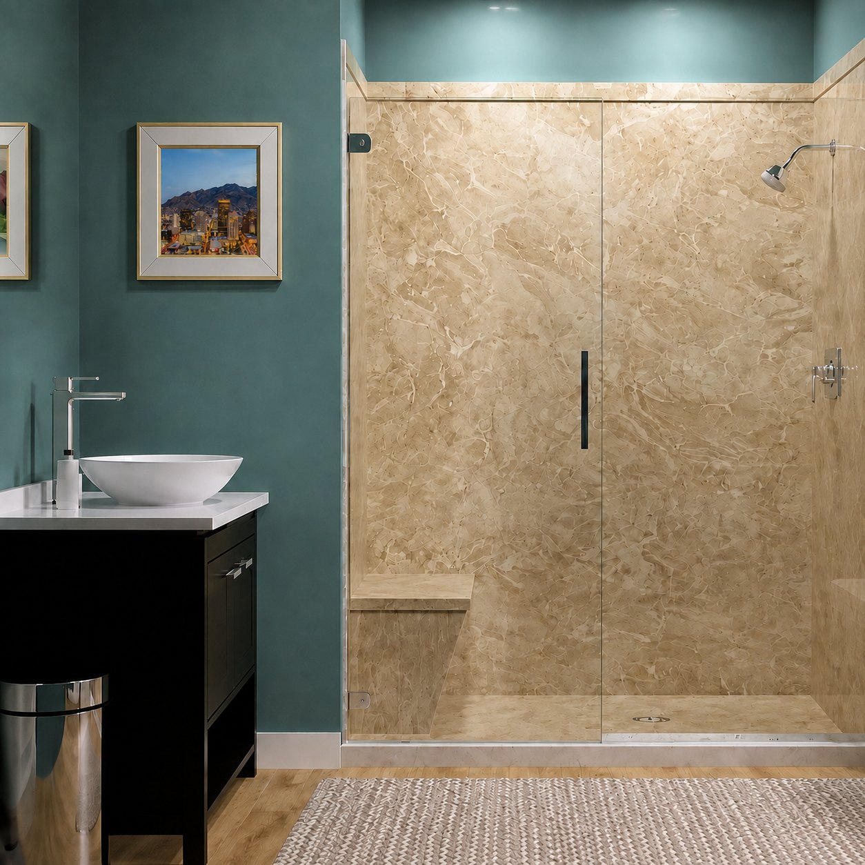 Sliding glass shower door on a travertine wall system